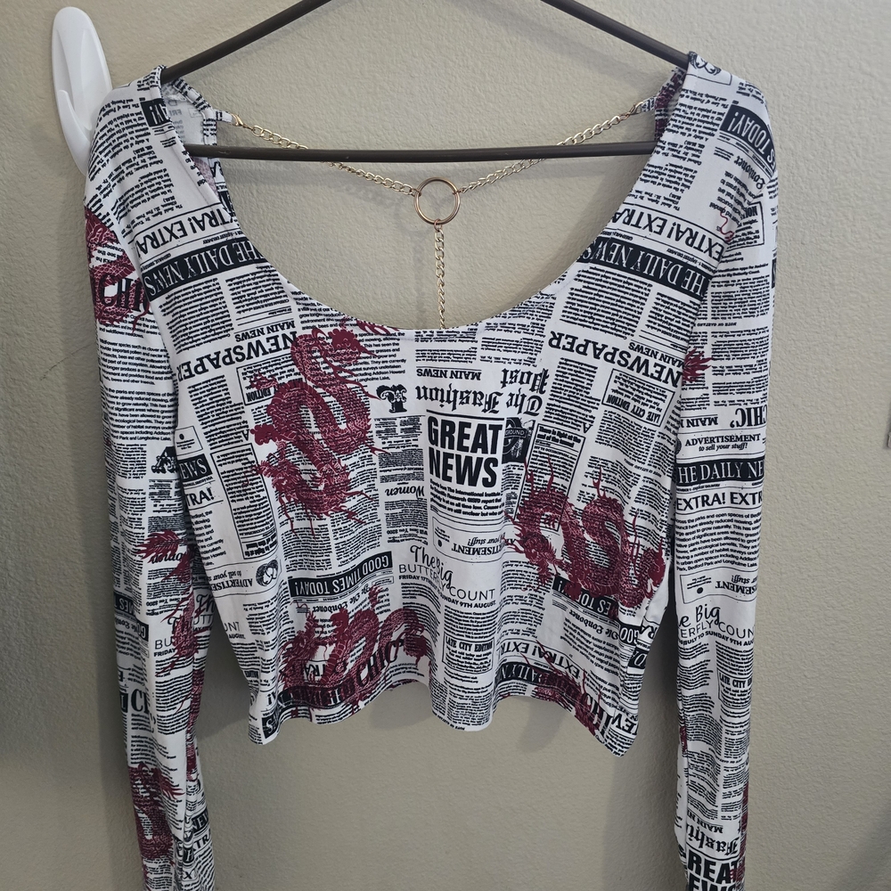 Stylish Newspaper Print Crop Top with Red Accents